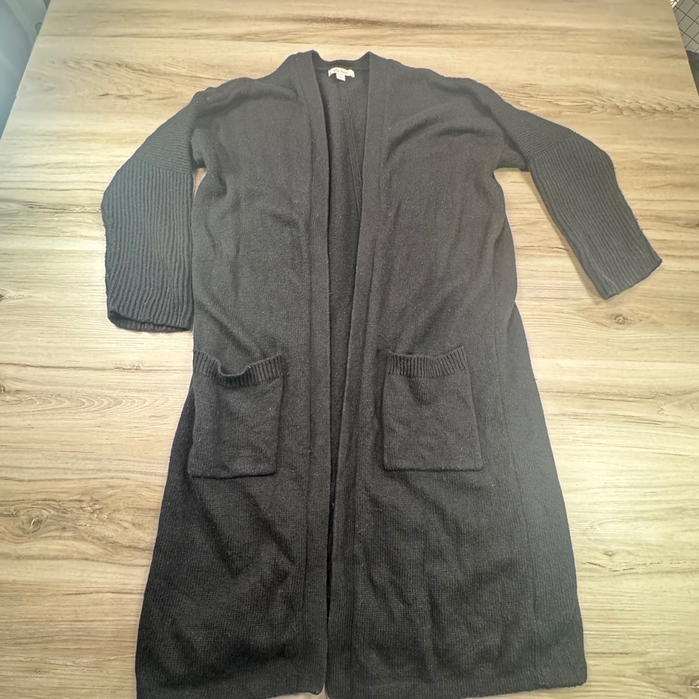 Ella Moss Black Ribbed Sleeve Open Front Long‎ Knit Cardigan Sweater Women's M